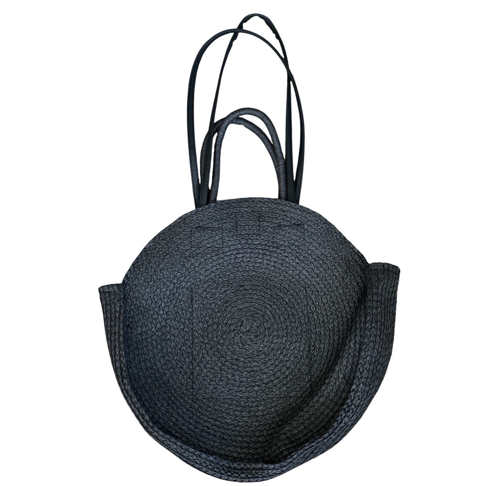 Round Circle Straw Beach Tote Bag, Black, Vacation Travel Oversized Minimalist - Picture 2 of 4
